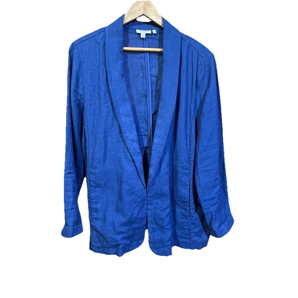 Chicos Open Front Linen Blazer Jacket Womens 18 Blue Coastal Nautical Career